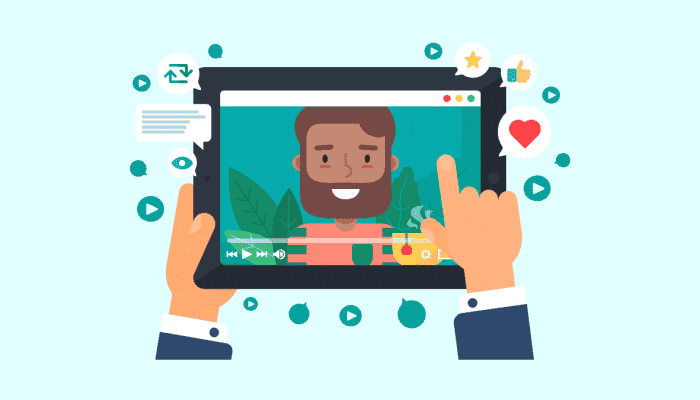 cartoon of hands holding a tablet, watching a youtube video
