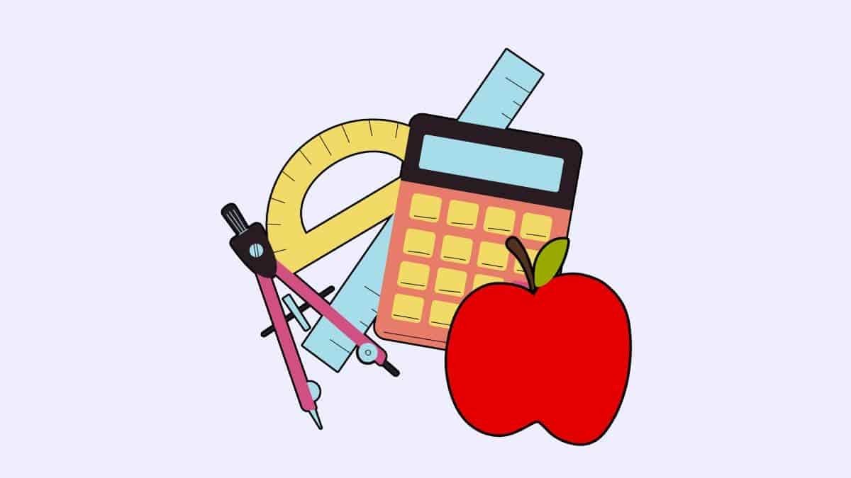 cartoon of school maths equipment and an applie