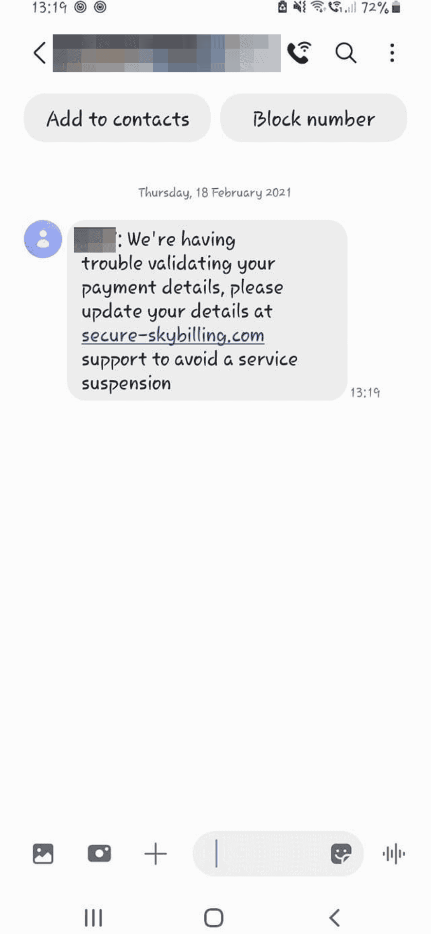 smishing text message example
