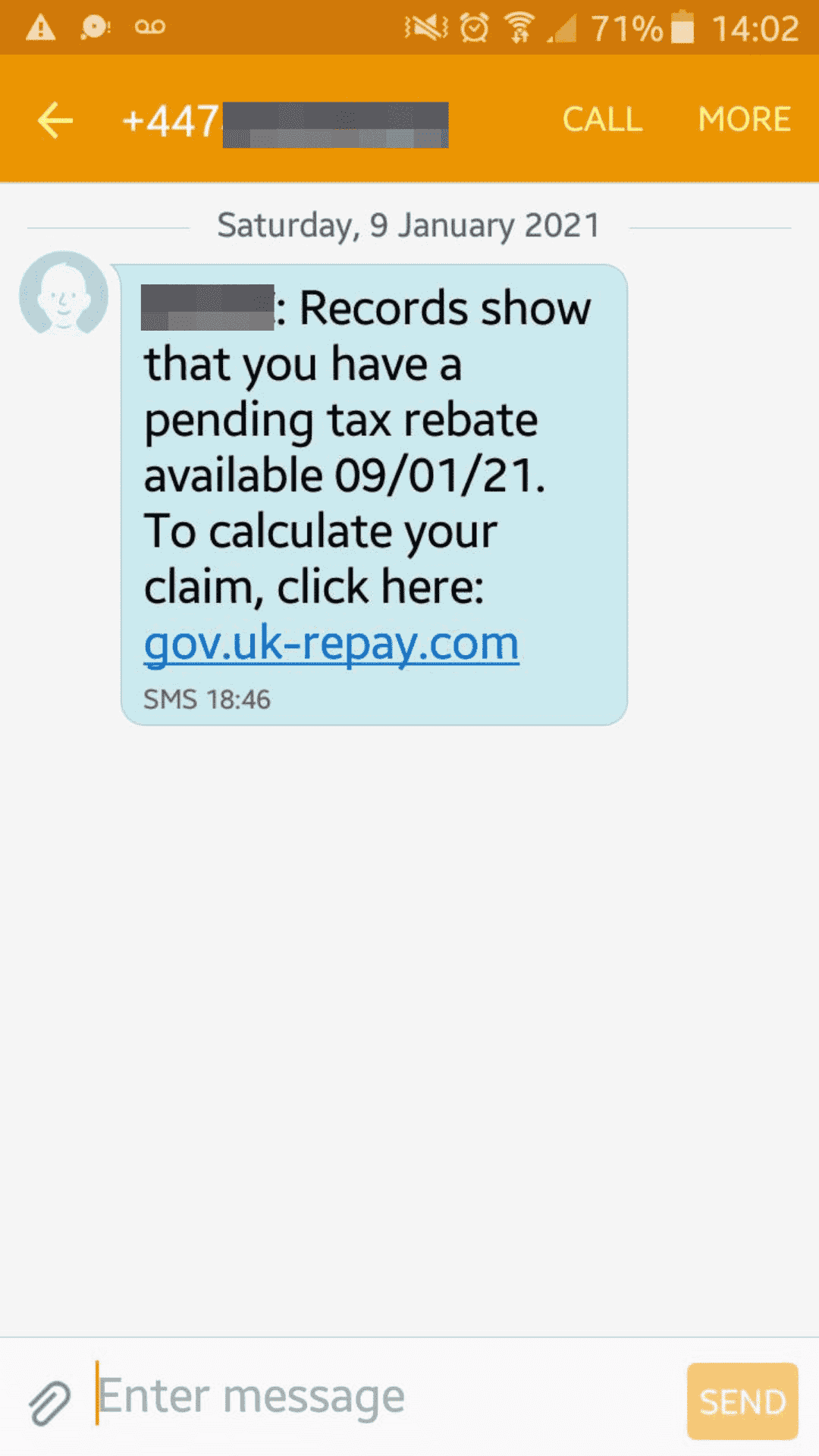 smishing text message example