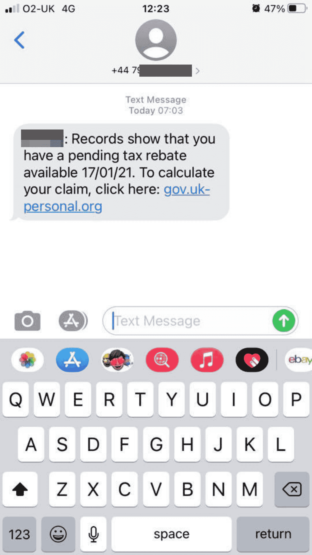 smishing text message example