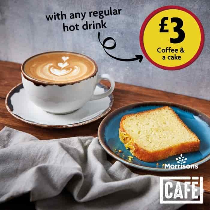 cup of coffee placed behind a slice of cafe on a plate