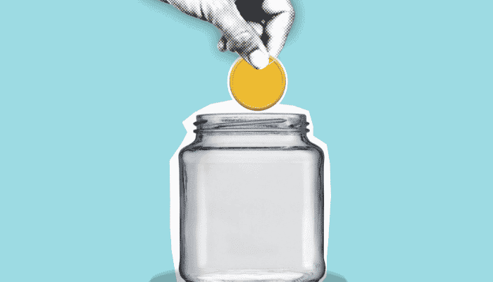 cartoon hand placing coin in a jar