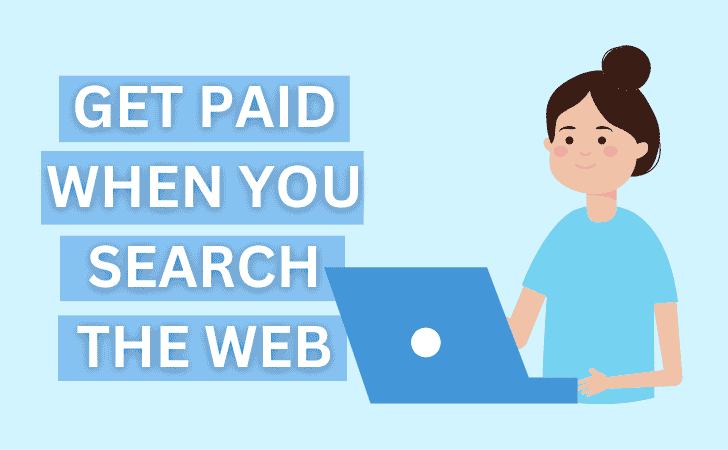cartoon woman using a laptop, with the words get paid for searching the web