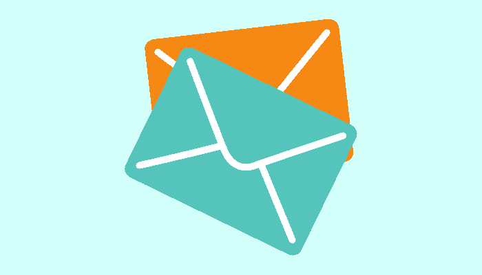 graphic of stacked green and orange envelopes on a light blue background