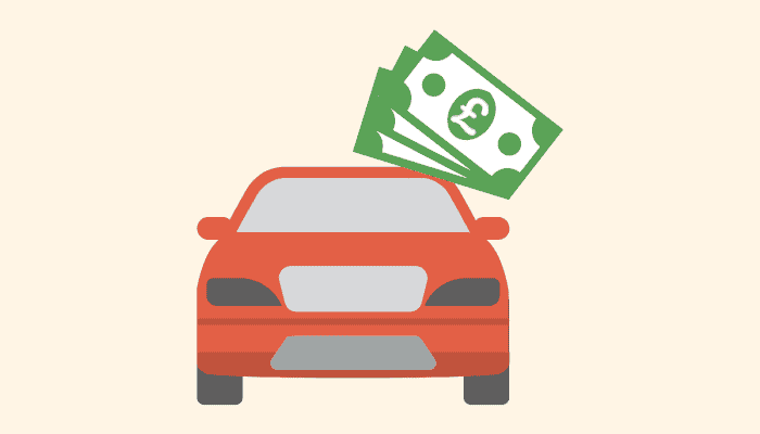 cartoon of a red car with large bank notes above the top right hand corner of the roof