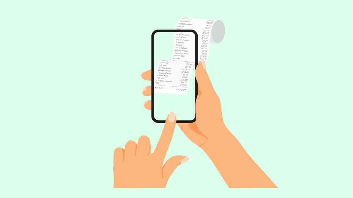 cartoon of hands holding a phone while taking a photo of a receipt