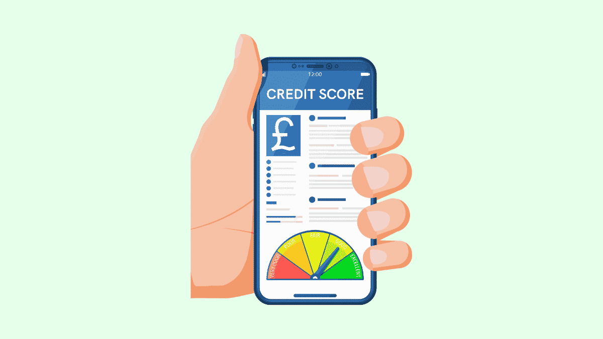 cartoon hand holding a phone showing a credit report