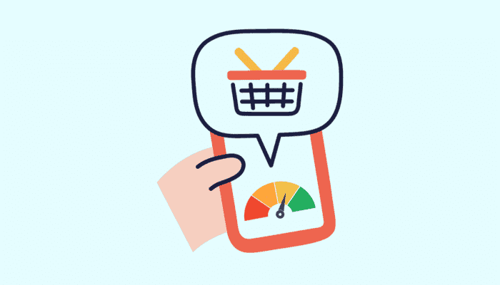 cartoon of a hand holding a phone. There is a credit score diagram at the bottom of the phone screen and a call out box above the phone with a shopping basket in it.