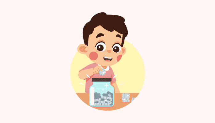 cartoon of a young boy adding a coin to a savings jar
