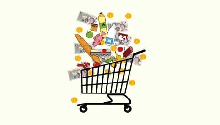 supermarket trolley with food and money falling into it