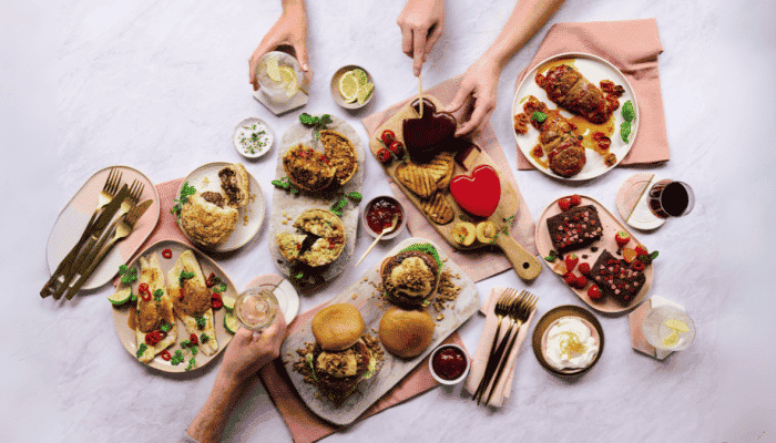 Overhead photo of different plates of food