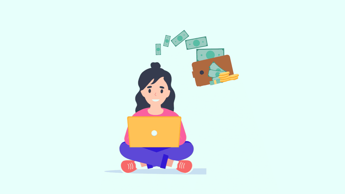 cartoon of a woman sat crossed leg on the floor. There is a laptop on her knees. Above her head, she is imagining money.