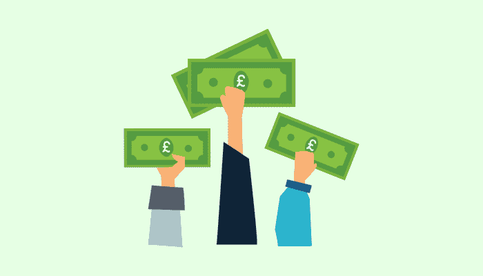 three cartoon hands holding bank notes in the air