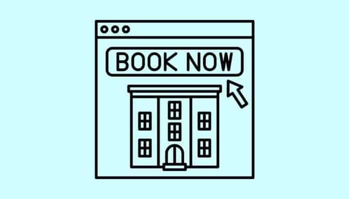 cartoon of an online browser with a book online button and a hotel on the screen