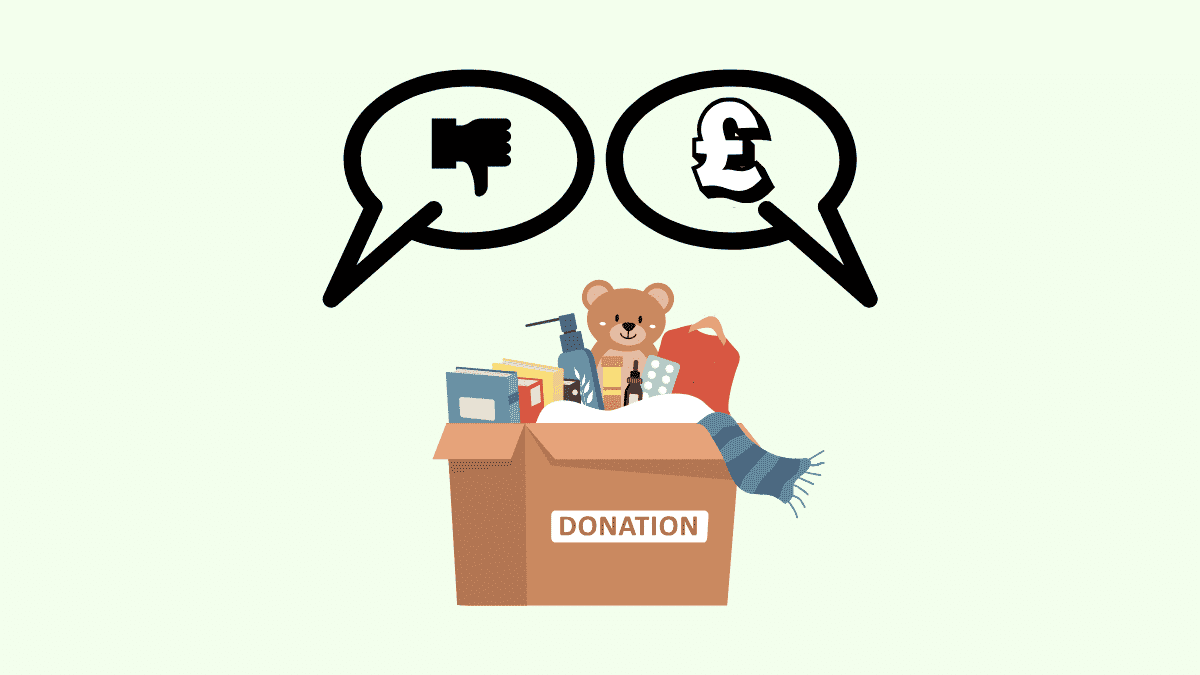 cartoon of a charity donation box. Above it, there are two speak marks: one with a pound sign and the other with a thumbs down emoji.
