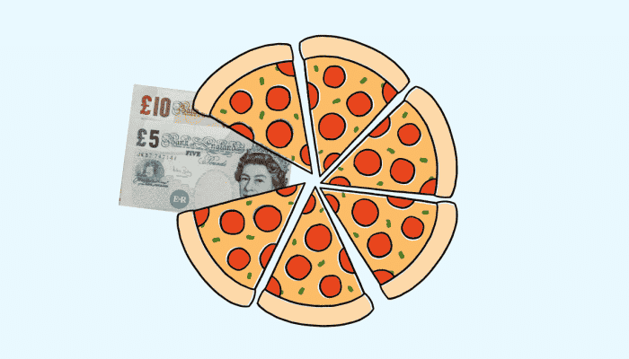 cartoon pizza slices, with £15 begind them