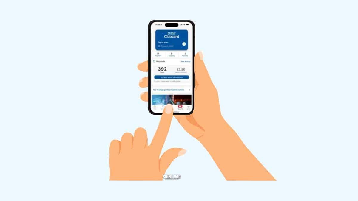 cartoon hands holding a phone while using the Tesco Clubcard app