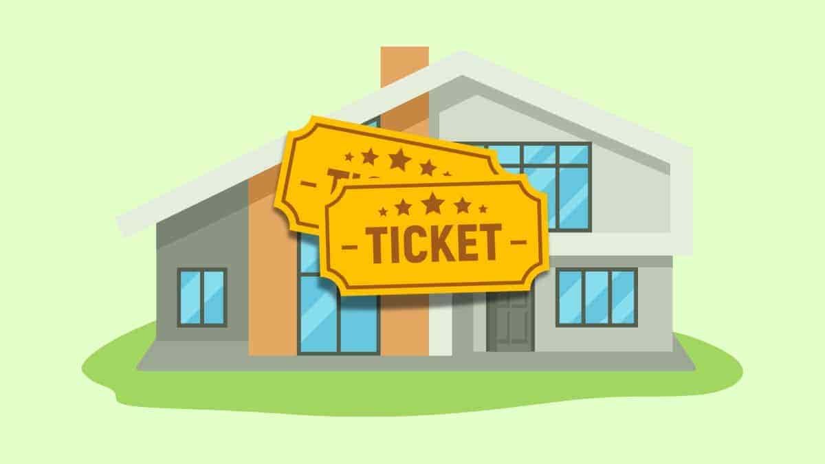 cartoon of a mansion with "raffle" tickets over the top