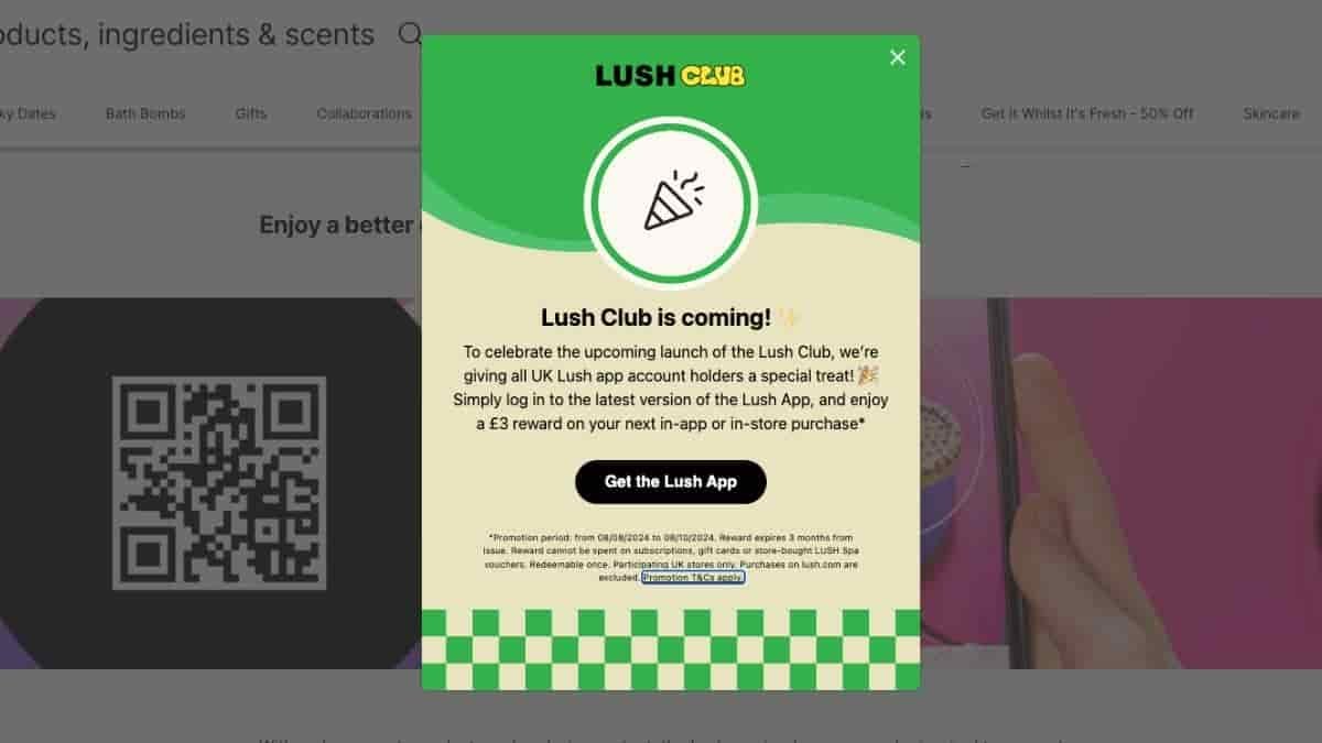 Screenshot of the Lush Club promotion