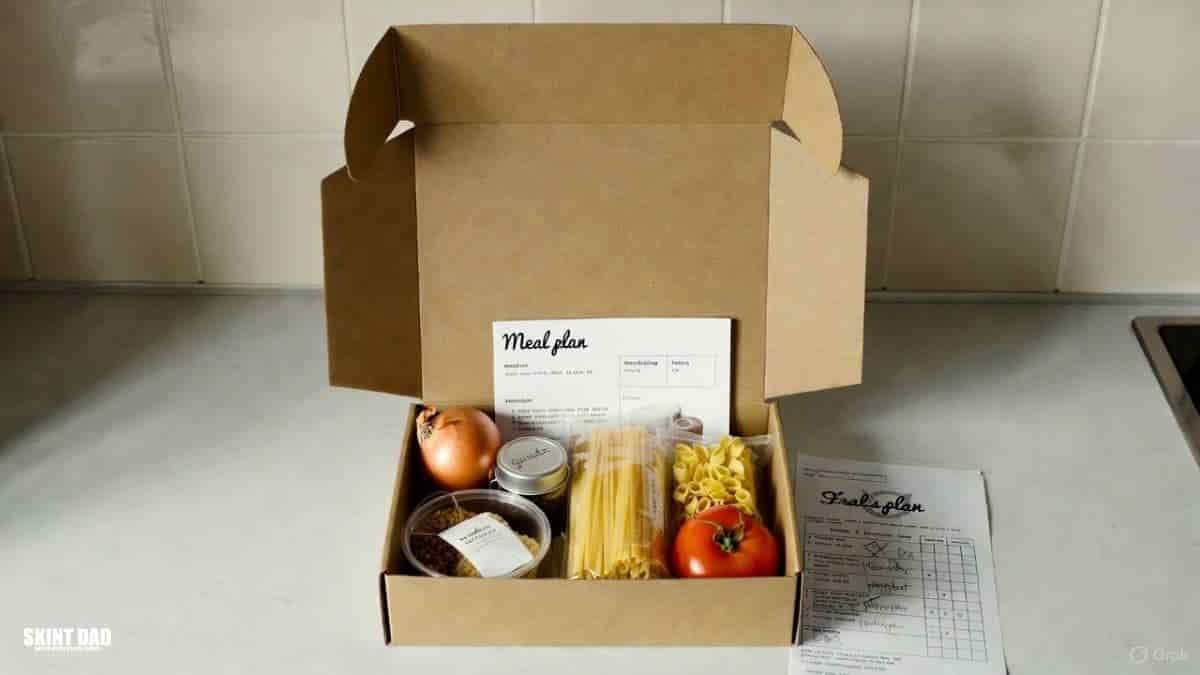 Open meal kit box on a normal UK kitchen worktop with simple ingredients and a recipe card, showing how meal kits can help with meal planning and reducing waste.
