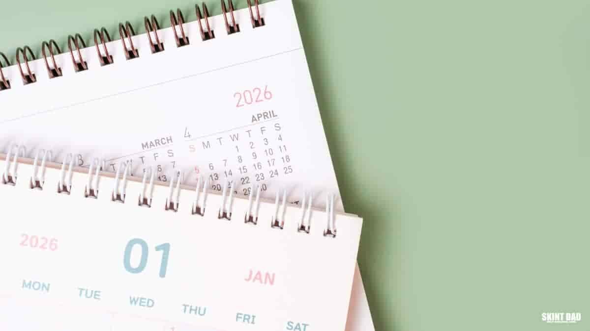 Desk calendar showing 2026 dates on a green background, with pages overlapping on a table.